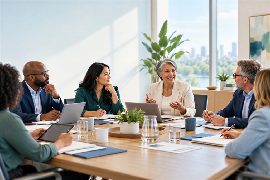 Diverse nonprofit board members participating in a structured board meeting around a conference table, with laptops, documents, and note-taking.
